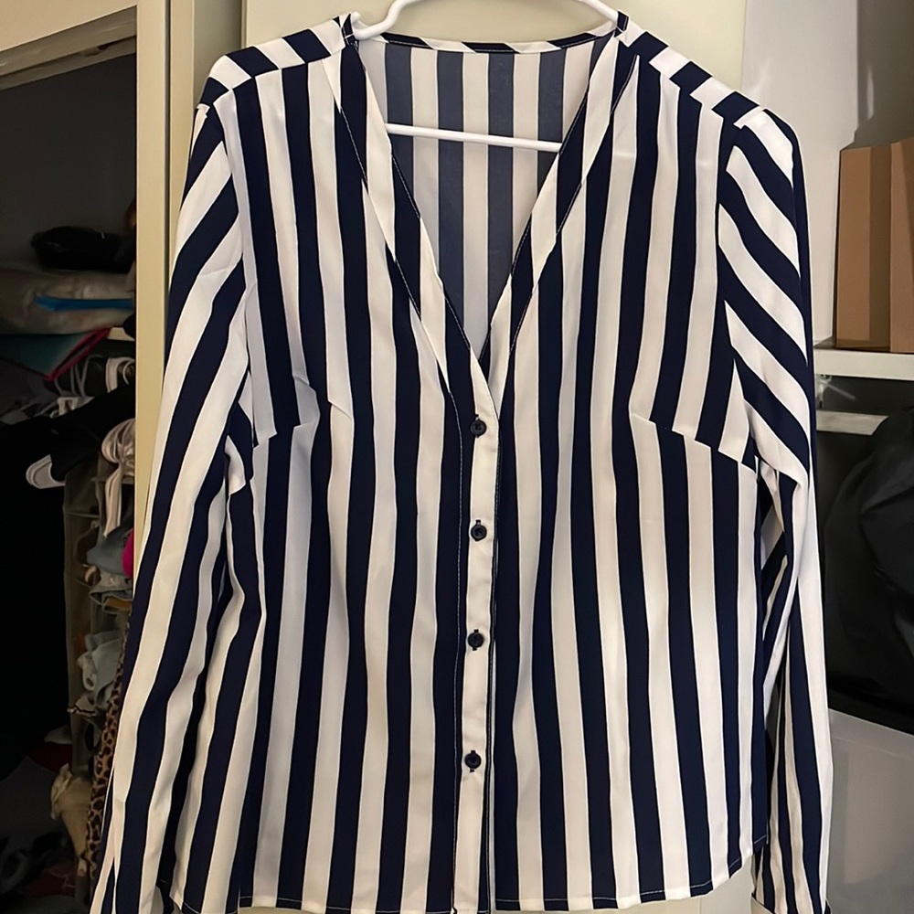 Navy blue and white striped button up shirt worn once
